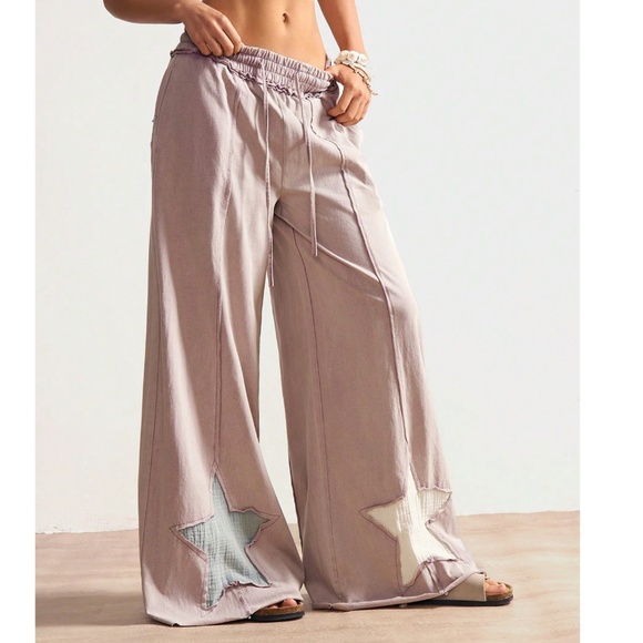 Boho Cotton Star Patch Stretchy Waist Wide leg Lounge Pants - Picture 1 of 7